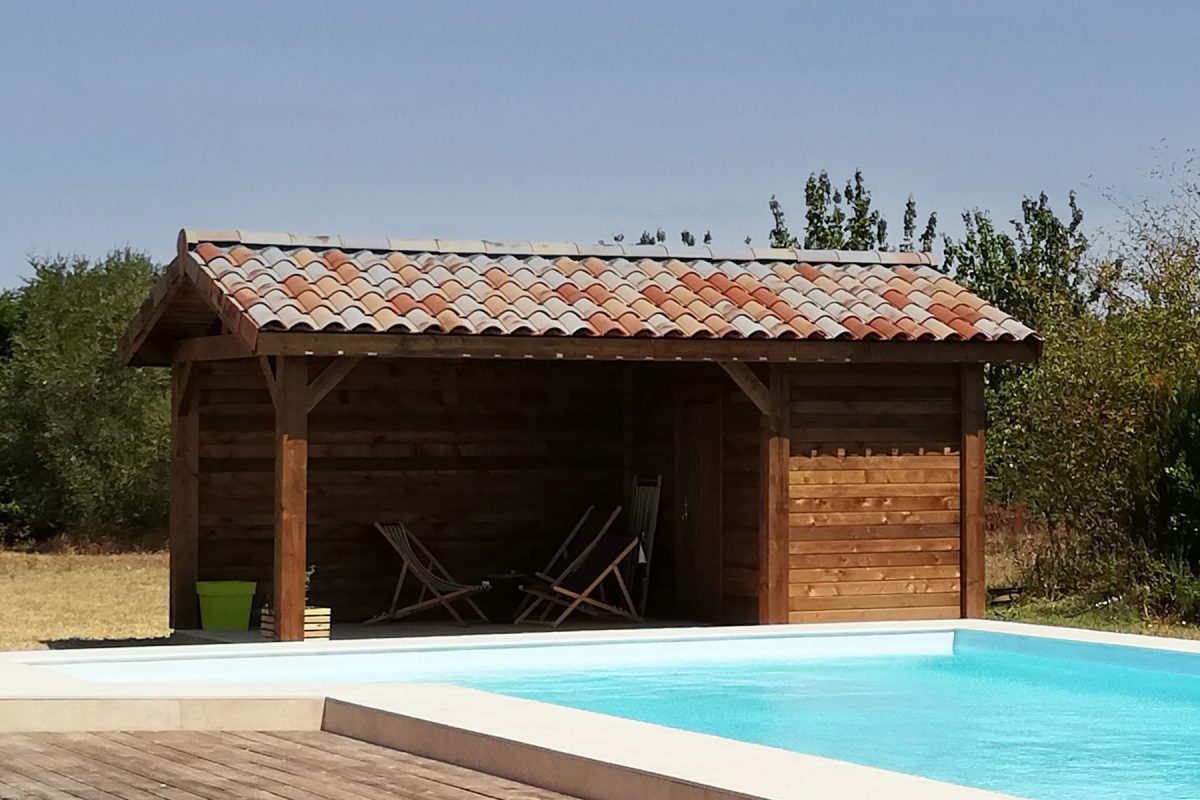 epinal Pool-house bois Epinal - Finition autoclave marron - Tuiles non incluses dans le kit - Attention : nouveau bardage faux claire-voie horizontal
