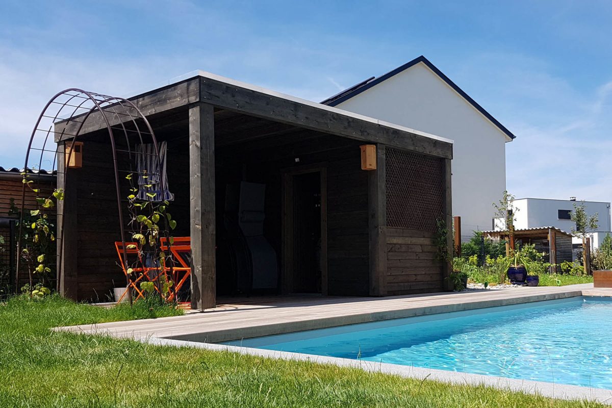 epone Pool-house contemporain Epône - Finition autoclave gris - Attention : nouveau bardage faux claire-voie horizontal