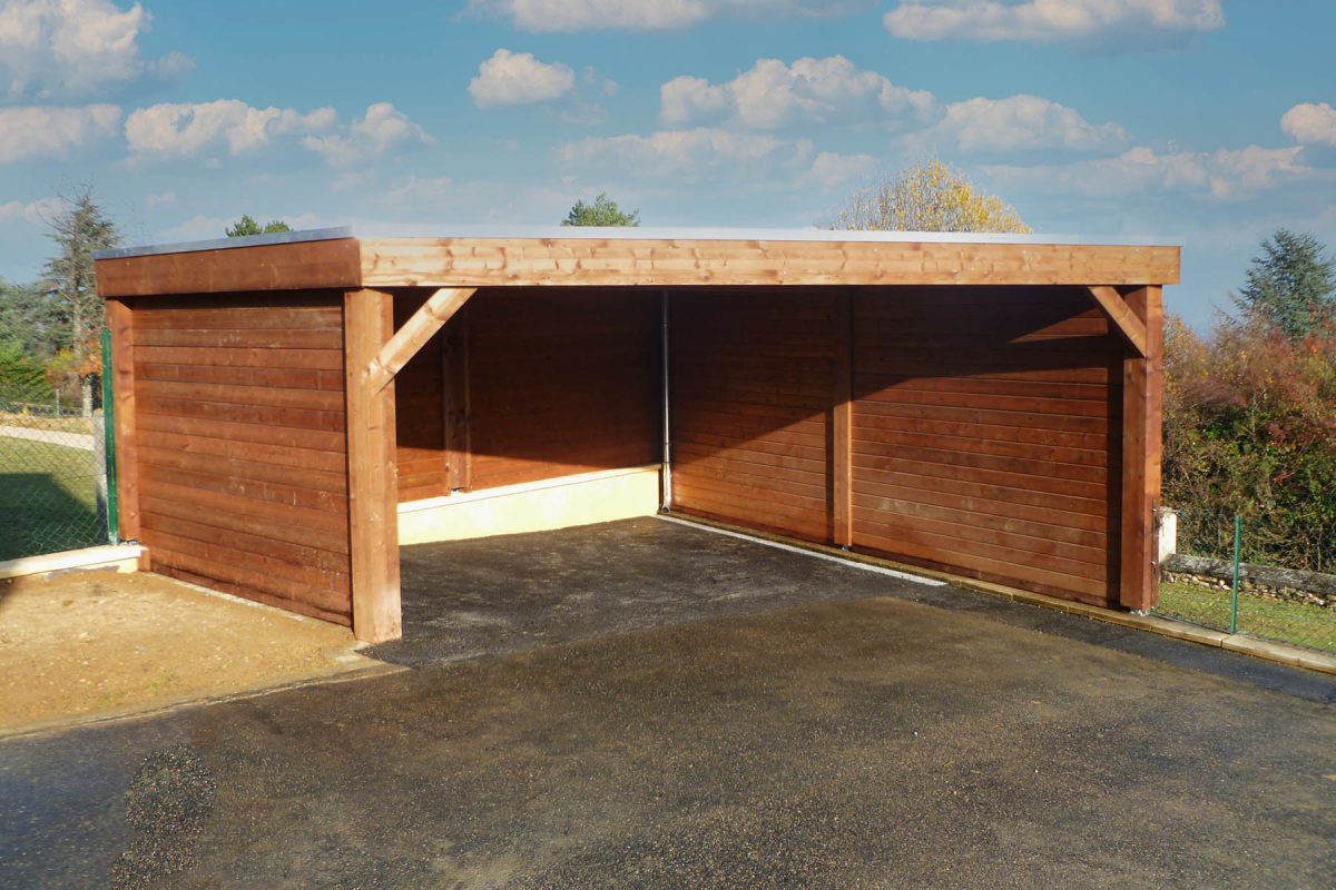 vicomte Garage bois Vicomte - Finition autoclave marron - Projet sur mesure en trapèze - Attention : nouveau bardage faux claire-voie horizontal